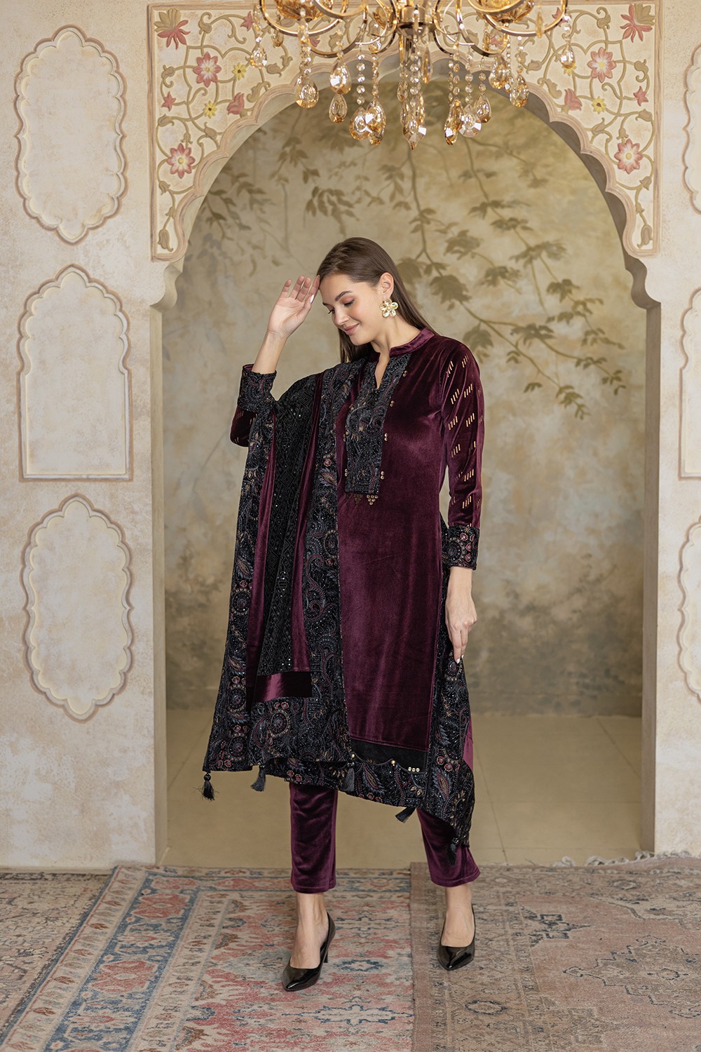 WINE PREMIUM EMBROIDERED DUPATTA SET